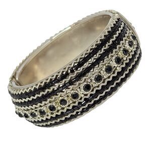 Silver & Black Rhinestone Glass Clamper Bangle Bracelet 7.5" Beaded Formal